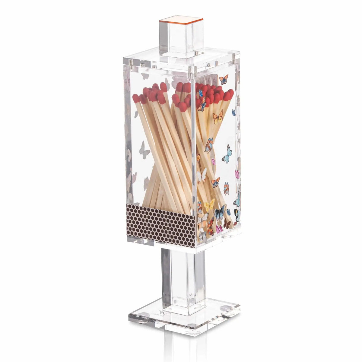Butterfly Match Holder by Waterdale Collection featuring clear acrylic base with decorative butterfly design and wooden matches inside for Shabbat and Havdalah candle lighting.