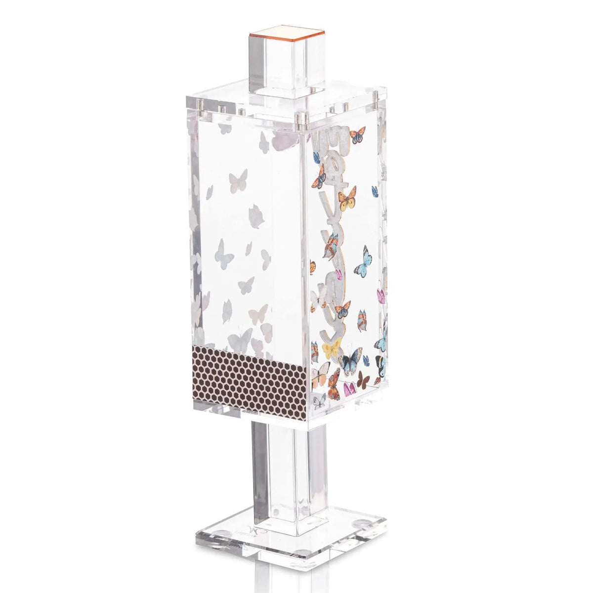 Clear acrylic butterfly match holder with colorful butterfly design and honeycomb pattern base for Shabbat and Havdalah candle lighting.