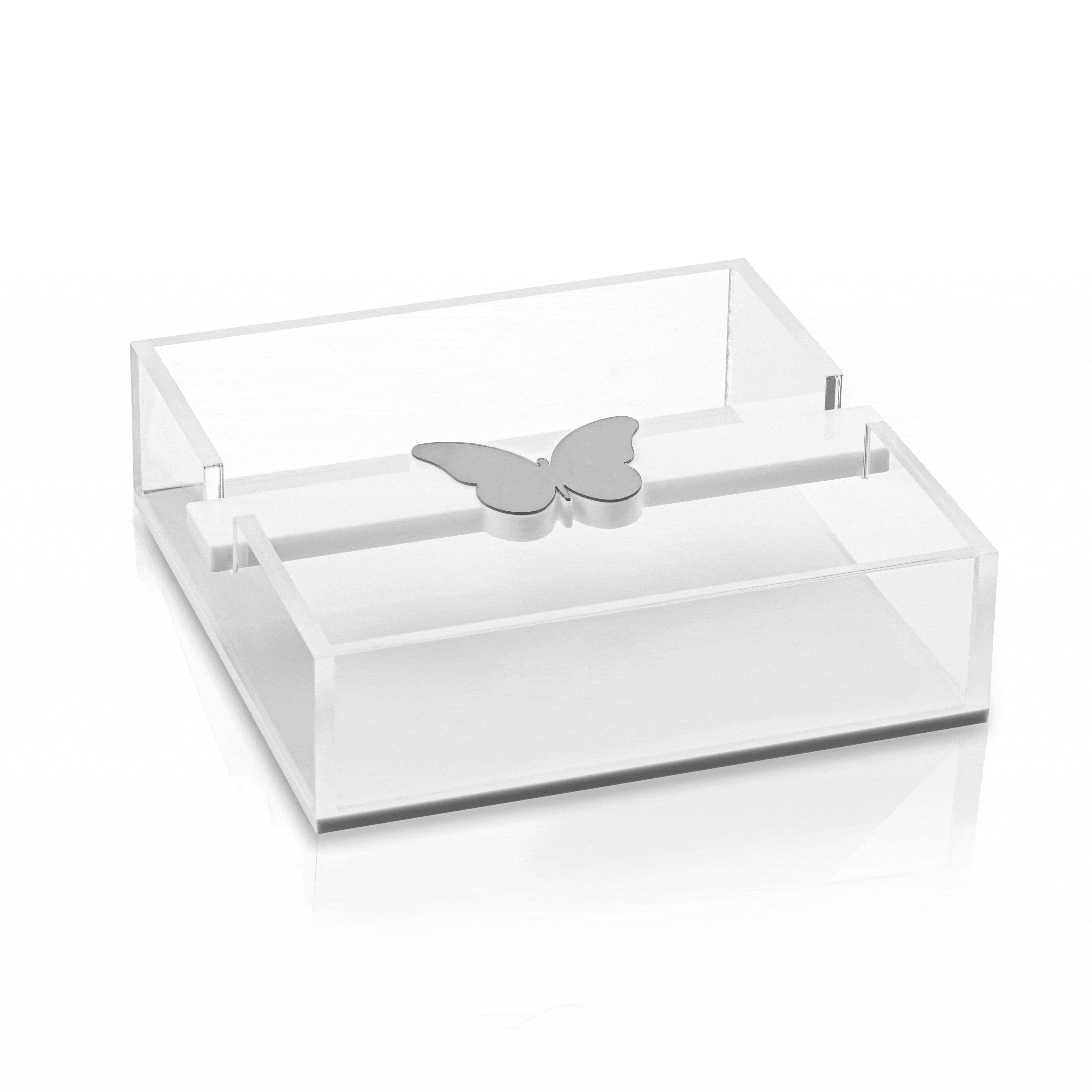 Clear acrylic butterfly napkin holder with gray butterfly accent, modern tabletop design for dining and entertaining