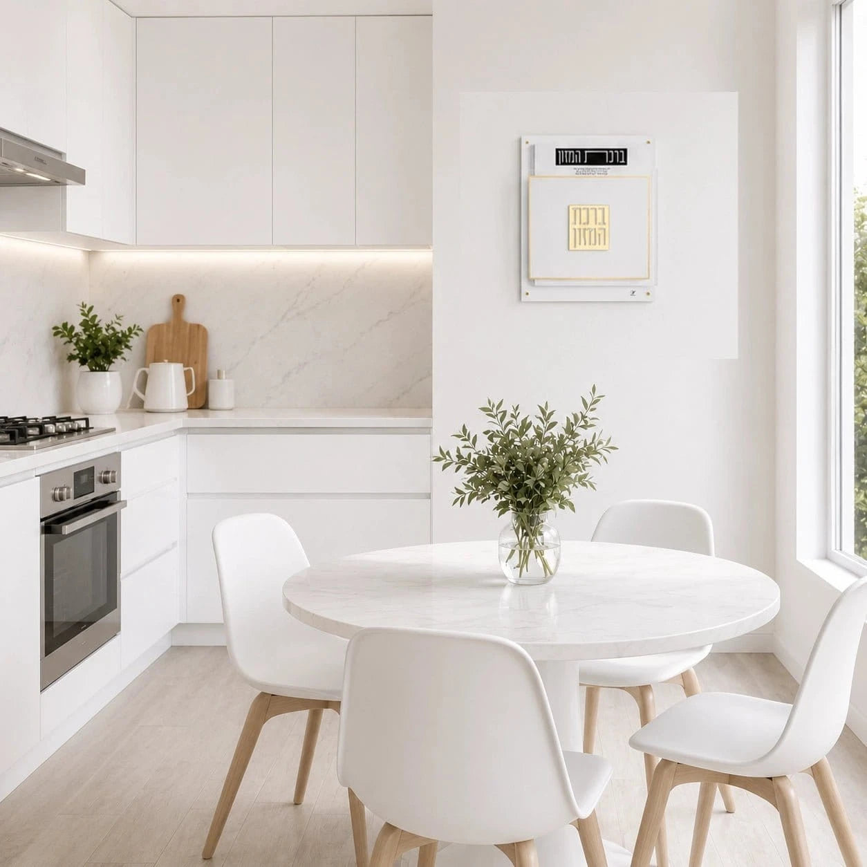 A modern white dining area with a round white marble table and four white chairs with light wood legs, set in a bright contemporary kitchen with white cabinets and marble backsplash.