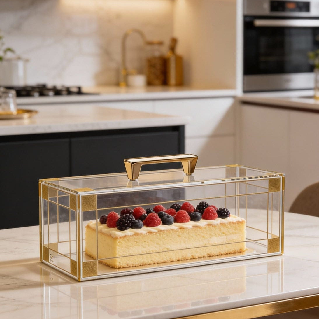 Decorative Lucite cake stand with a cake on a kitchen counter - Waterdale Collection