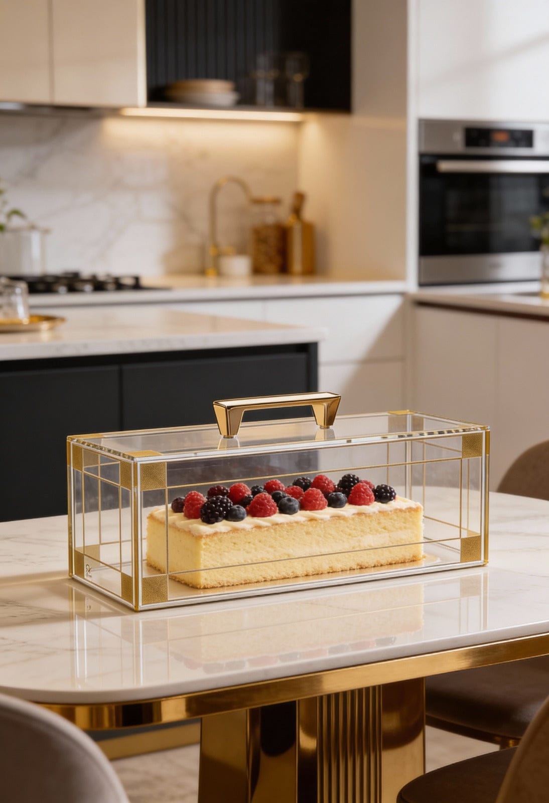 Decorative Lucite cake stand with a cake on a kitchen counter - Waterdale Collection