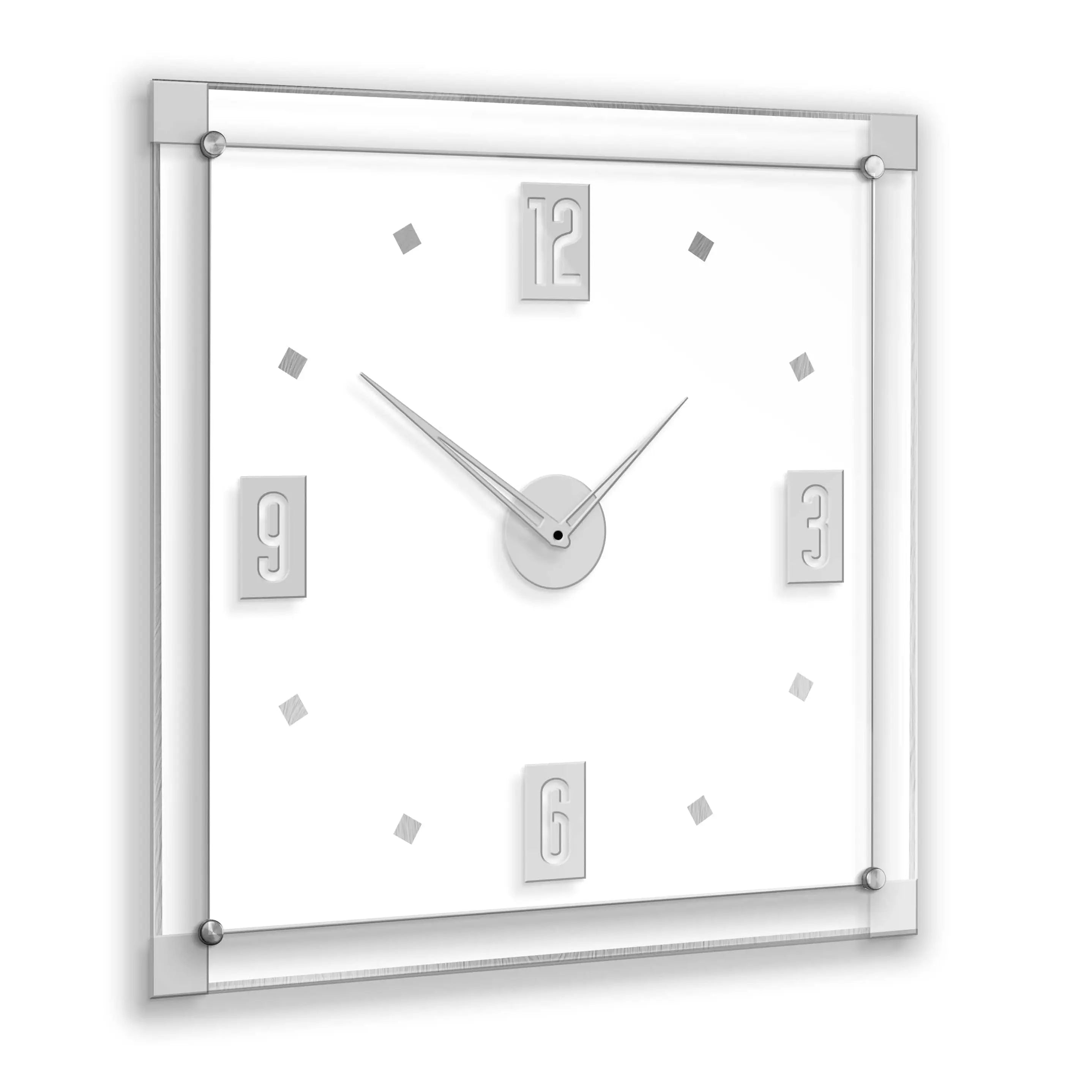 A modern clear acrylic wall clock with a mirrored border and black hour, minute, and second hands.