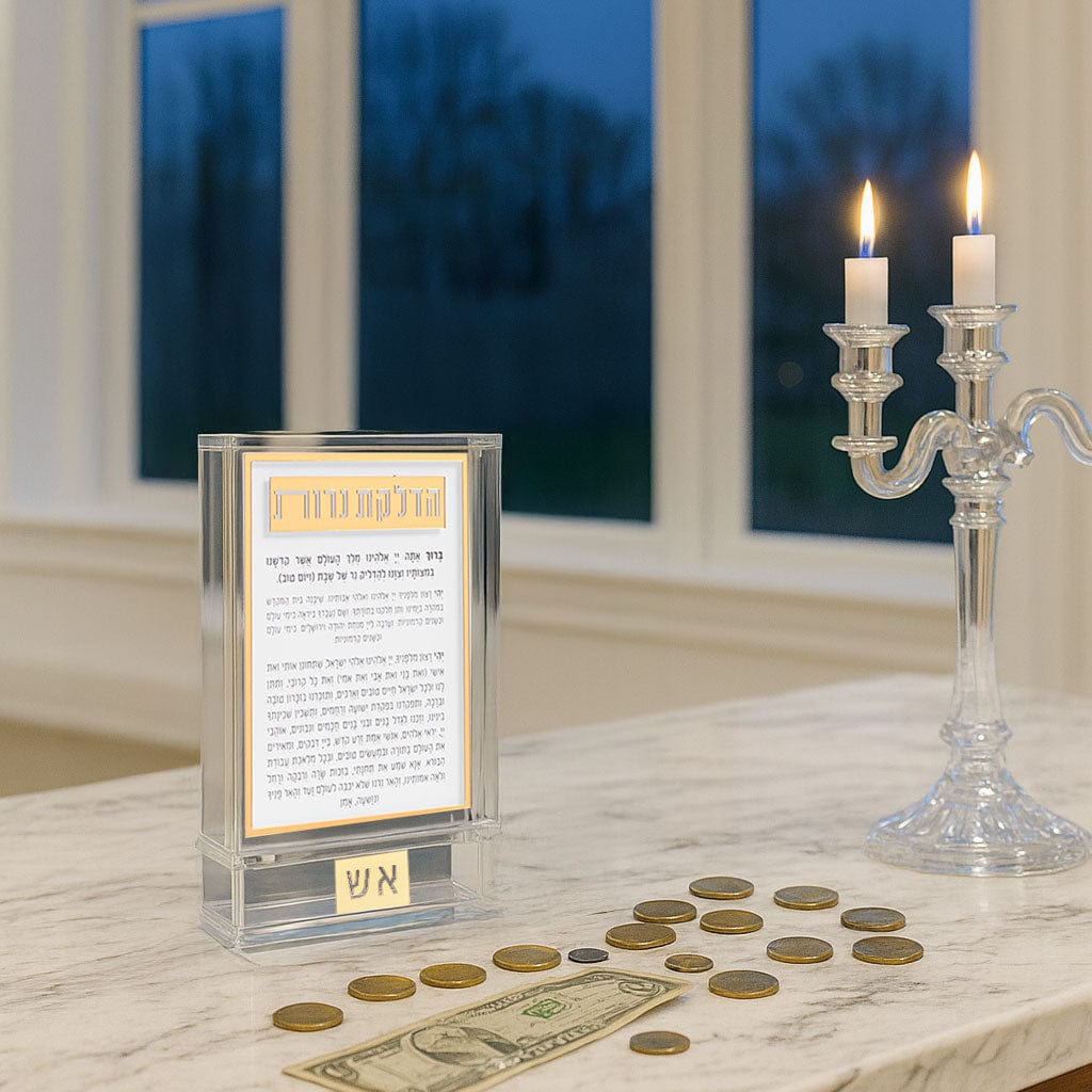 Classic 2.0 Hadlokas Neiros Match Tzedakah Box with lit candles, and coins on a marble table.
