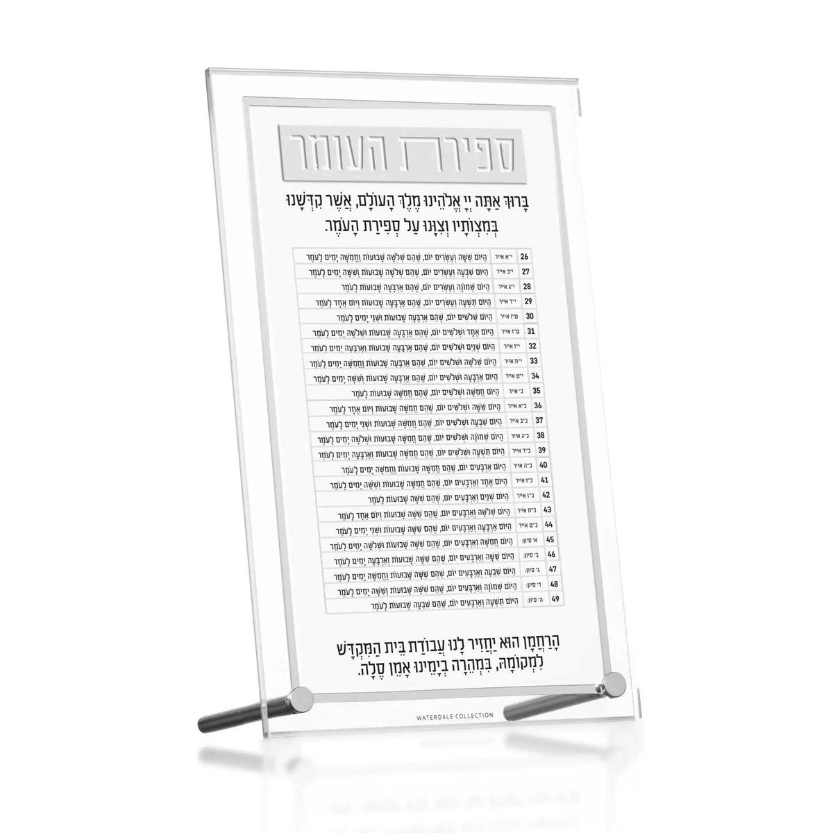 Classic 2.0 Tabletop Sefiras Haomer plaque in clear lucite with silver stand for counting the Omer.