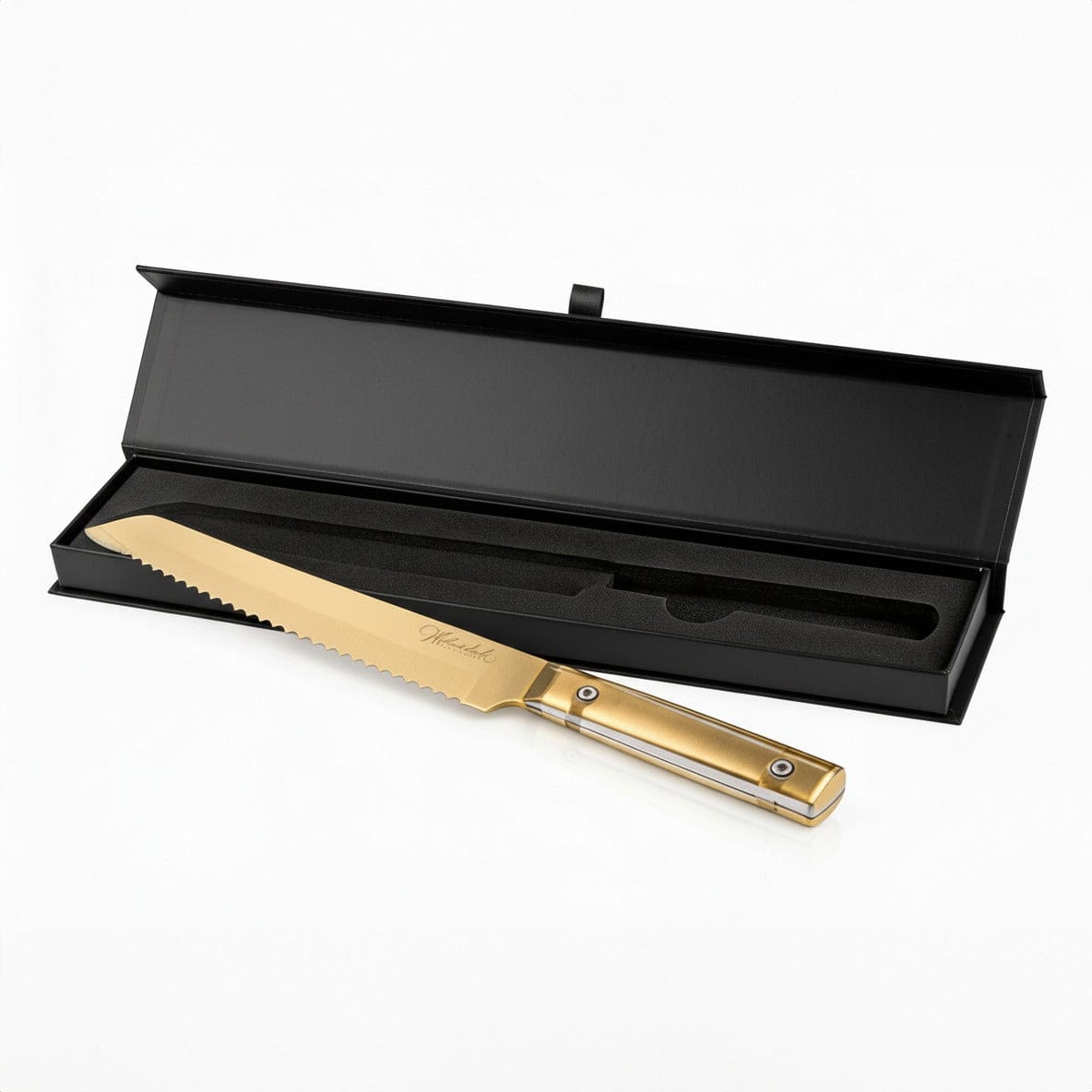Professional serrated bread knife in luxury black gift box, premium kitchen cutlery for artisan sourdough - Waterdale Collection