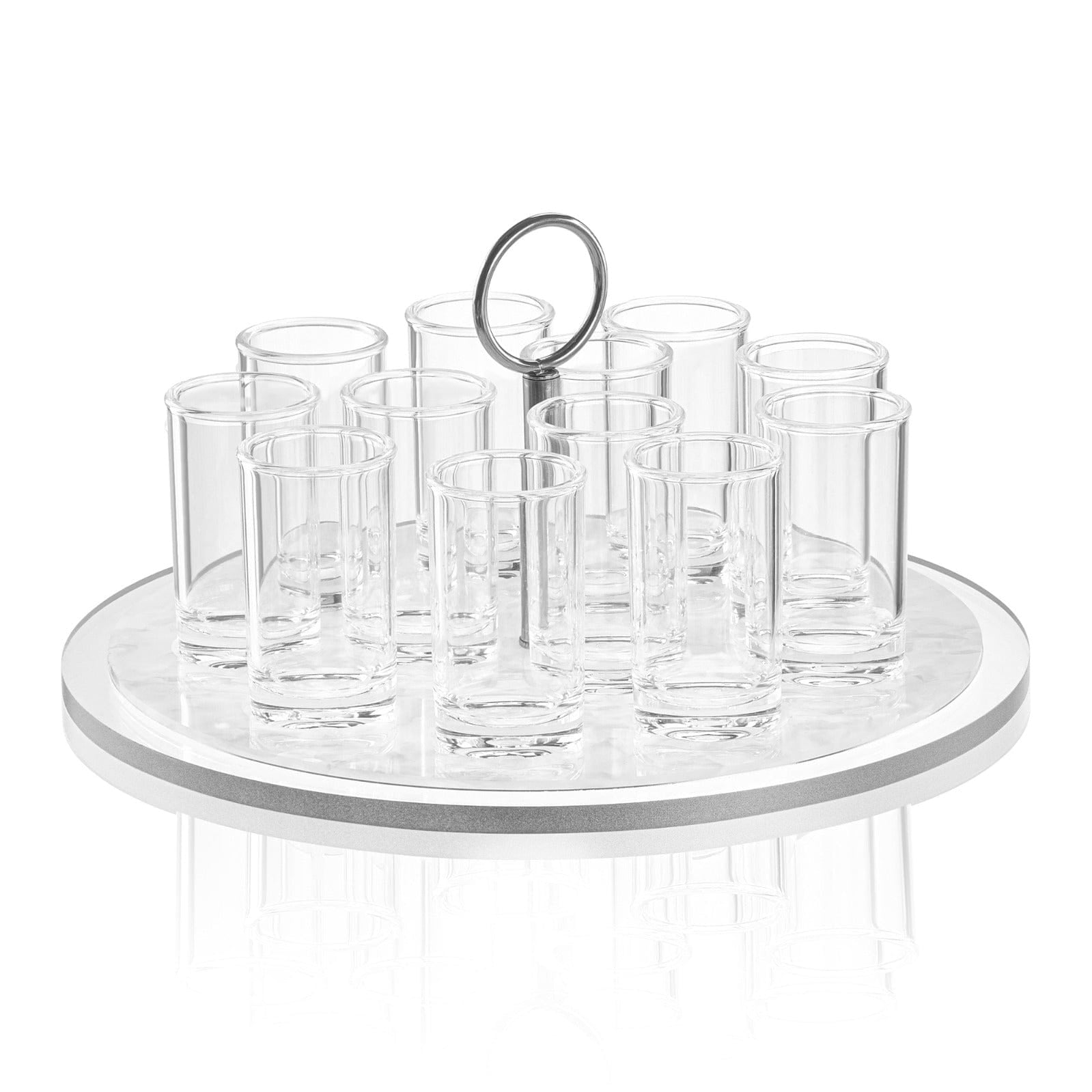 Classic Pearlstone liquor set with clear round stand, silver accents, and multiple shot glasses, elegant barware for entertaining | Waterdale Collection