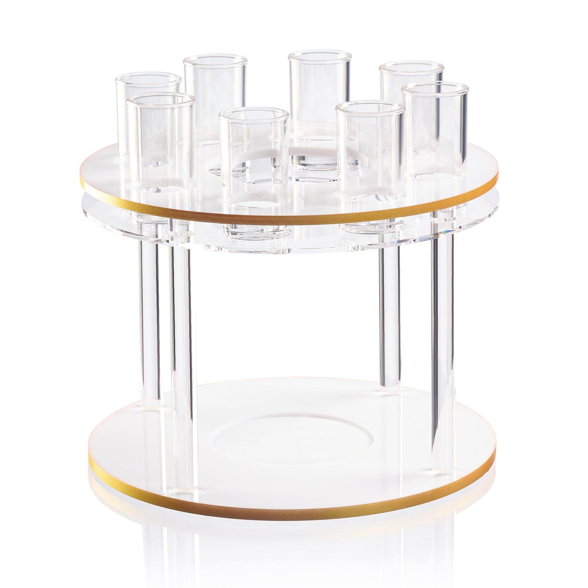 Classic round liquor set with clear acrylic stand with gold trim and matching shot glasses, modern elegant barware for home entertaining | Waterdale Collection