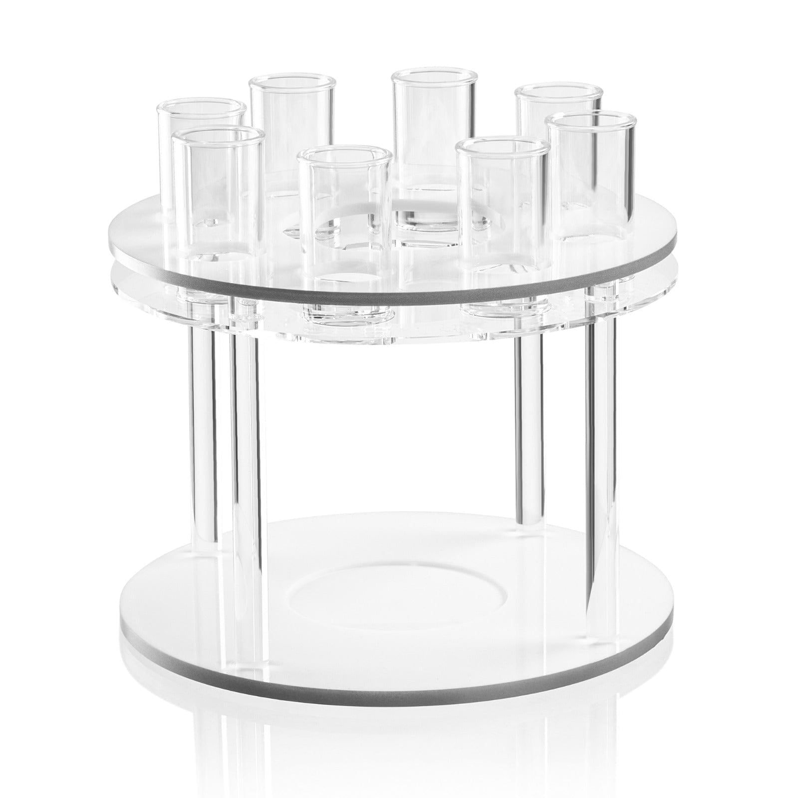 Classic round liquor set with clear acrylic stand, silver accents, and multiple shot glasses, elegant barware for entertaining | Waterdale Collection