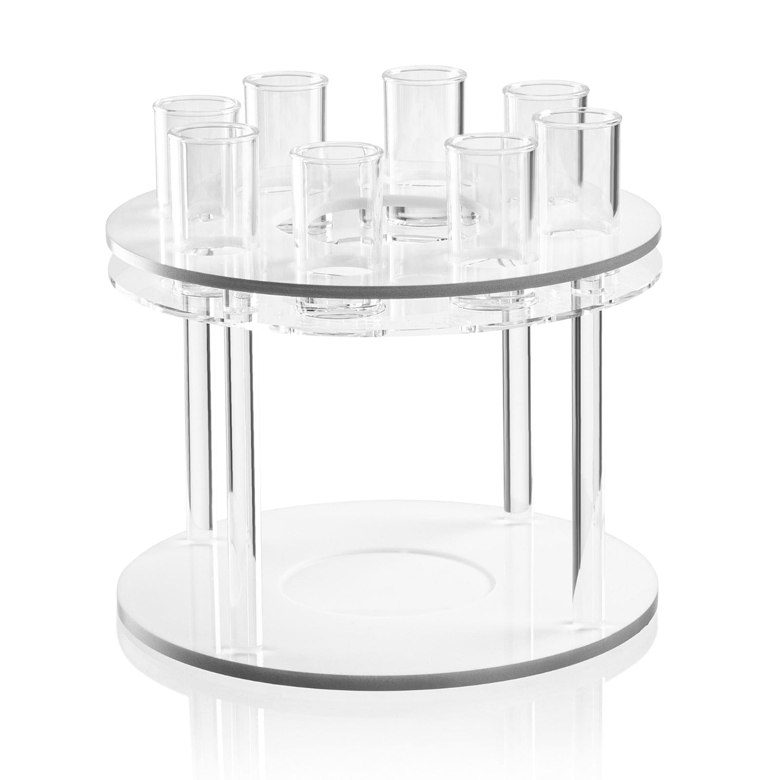 Classic round liquor set with clear acrylic stand, silver accents, and multiple shot glasses, elegant barware for entertaining | Waterdale Collection