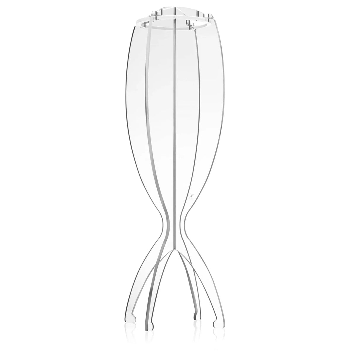 Collapsible wig head stand with white plastic construction and adjustable legs for secure wig display and styling.