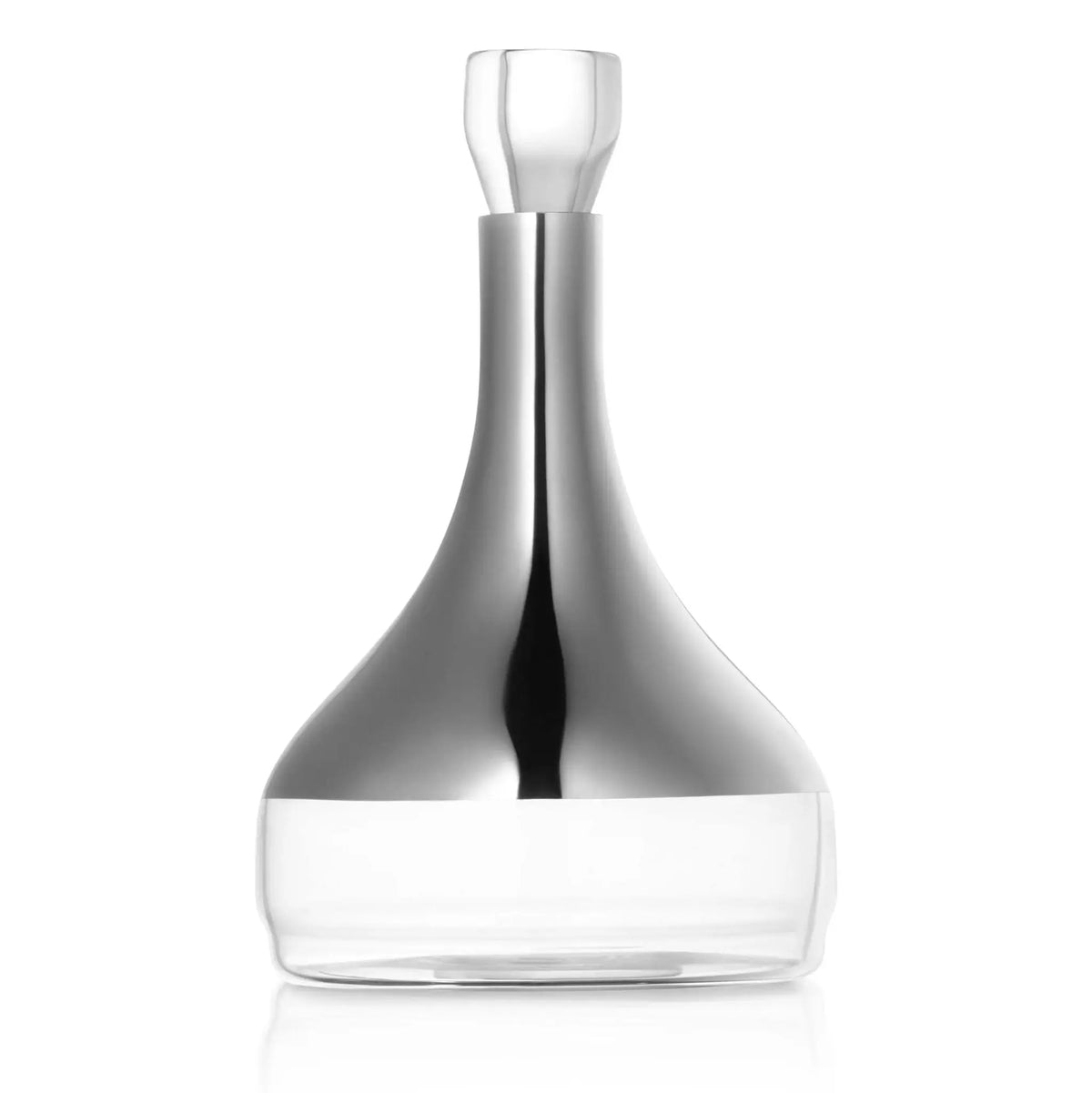 Contemporary clear glass wine decanter with wide base and tapered neck, featuring a sleek pourer spout design for elegant wine serving.