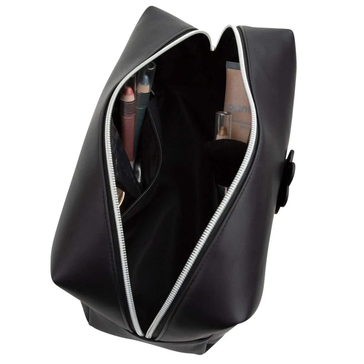 Black leather cosmetic bag with white zipper detail and carrying handle, shown open to display interior compartment