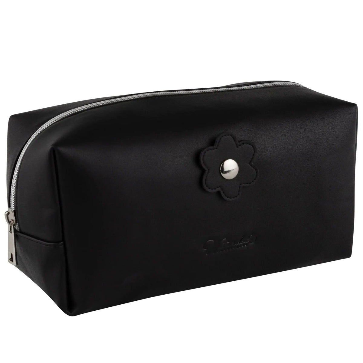 Black leather cosmetic bag by Waterdale Collection with top handle and snap closure, displayed against white background.