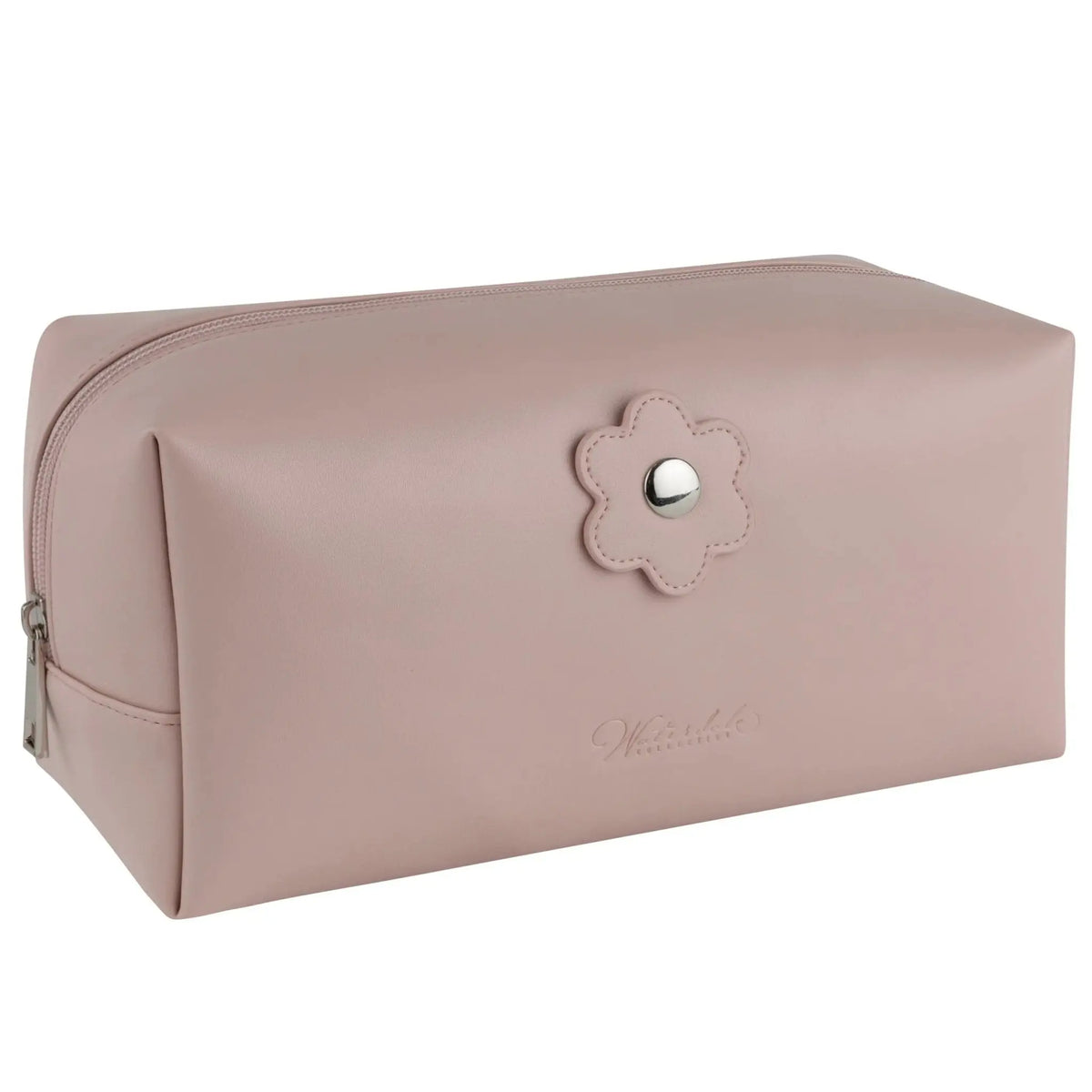 Blush pink leather cosmetic bag with decorative flower button closure by Waterdale Collection