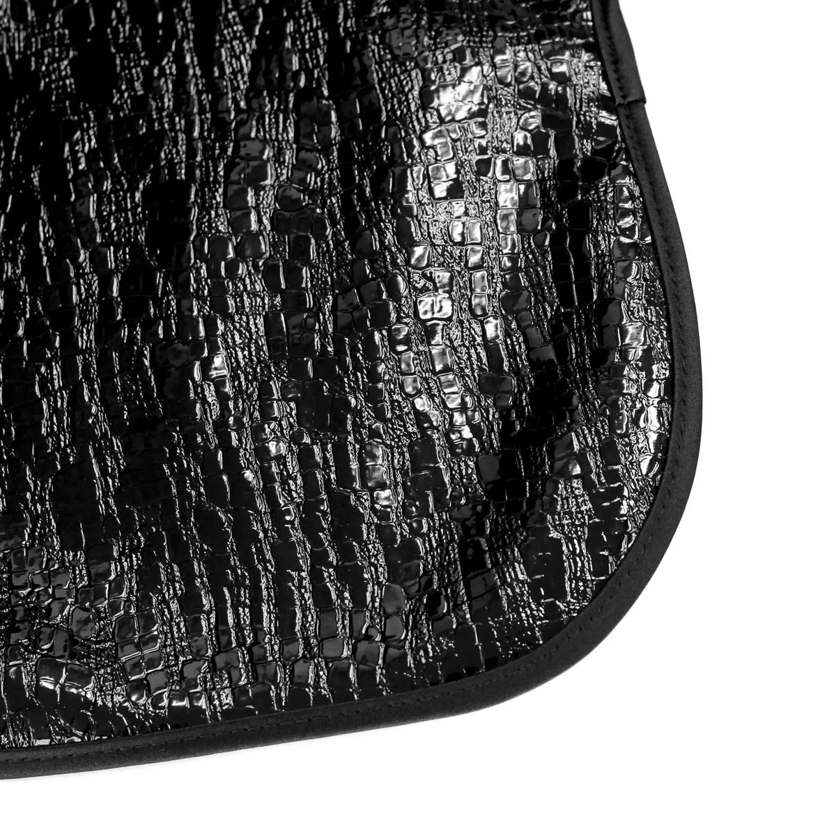 Black crocodile patent leather bib with textured embossed pattern, medium size, baby feeding accessory from Waterdale Collection