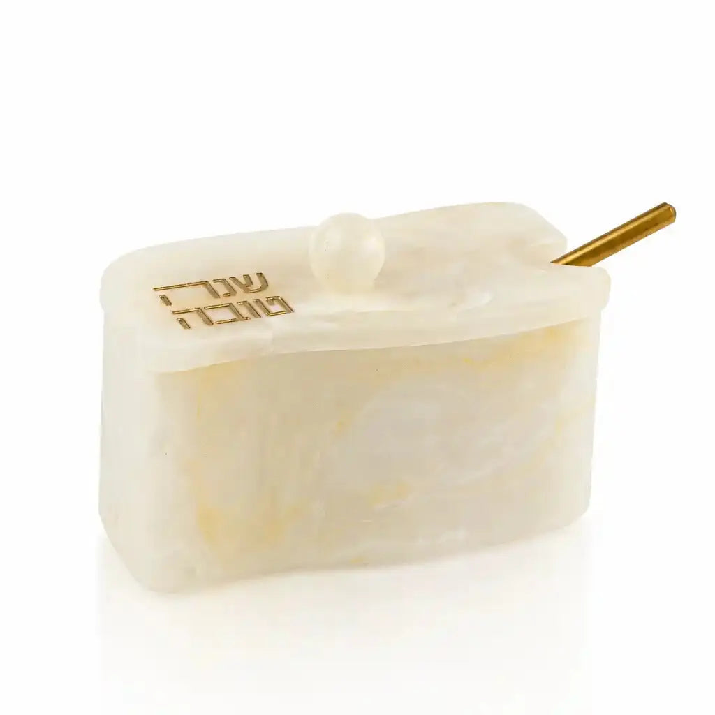 Gold Curve resin honey dish with Shana Tova on the lid, from Waterdale Collection