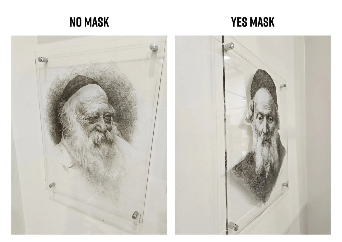 Custom Order Gadol Sketch wall art showing two panels comparing masked and unmasked abstract portrait designs in minimalist style.