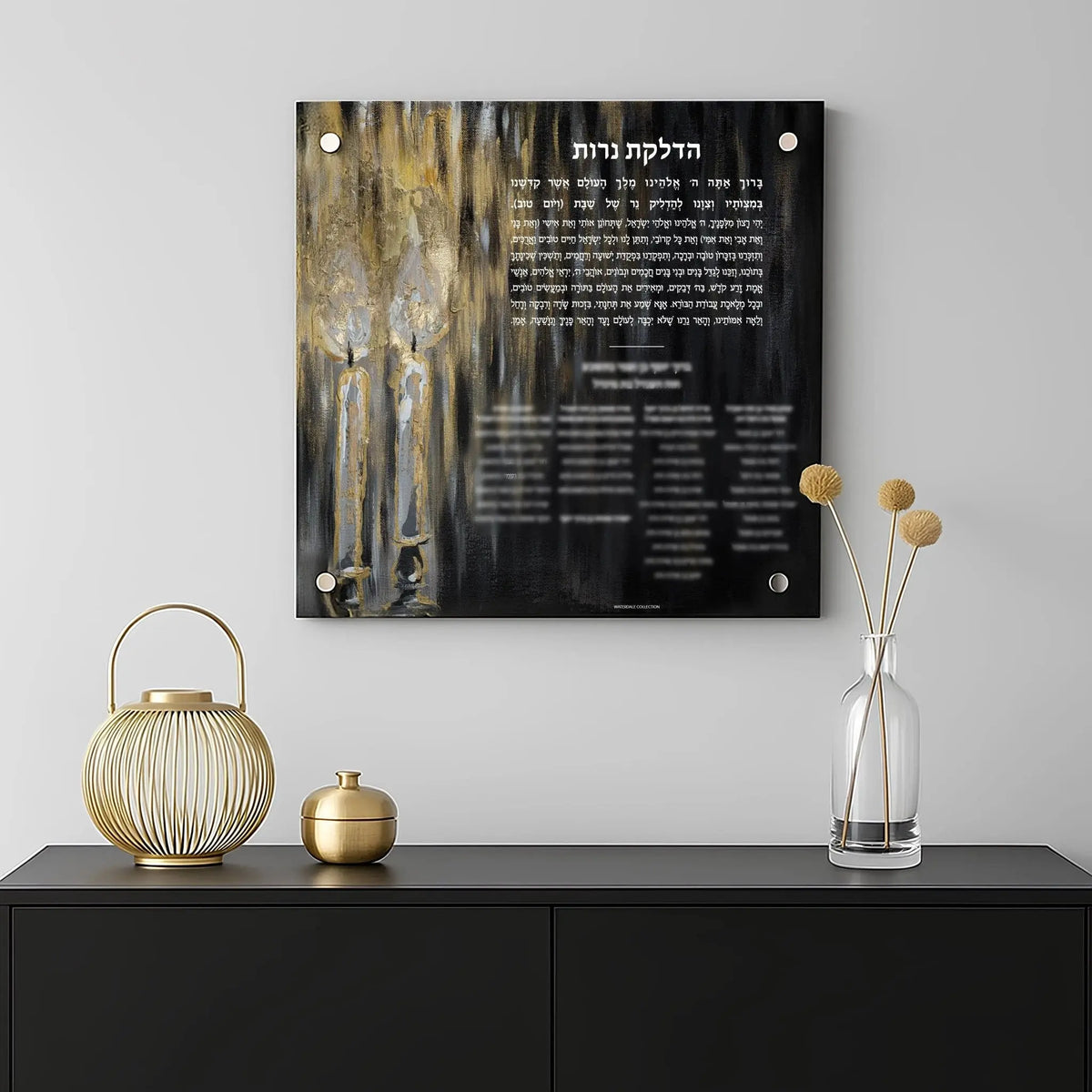Custom painted black Hadlokas Neiros with Names displayed on wall above black dresser with gold candle holders and flowers.