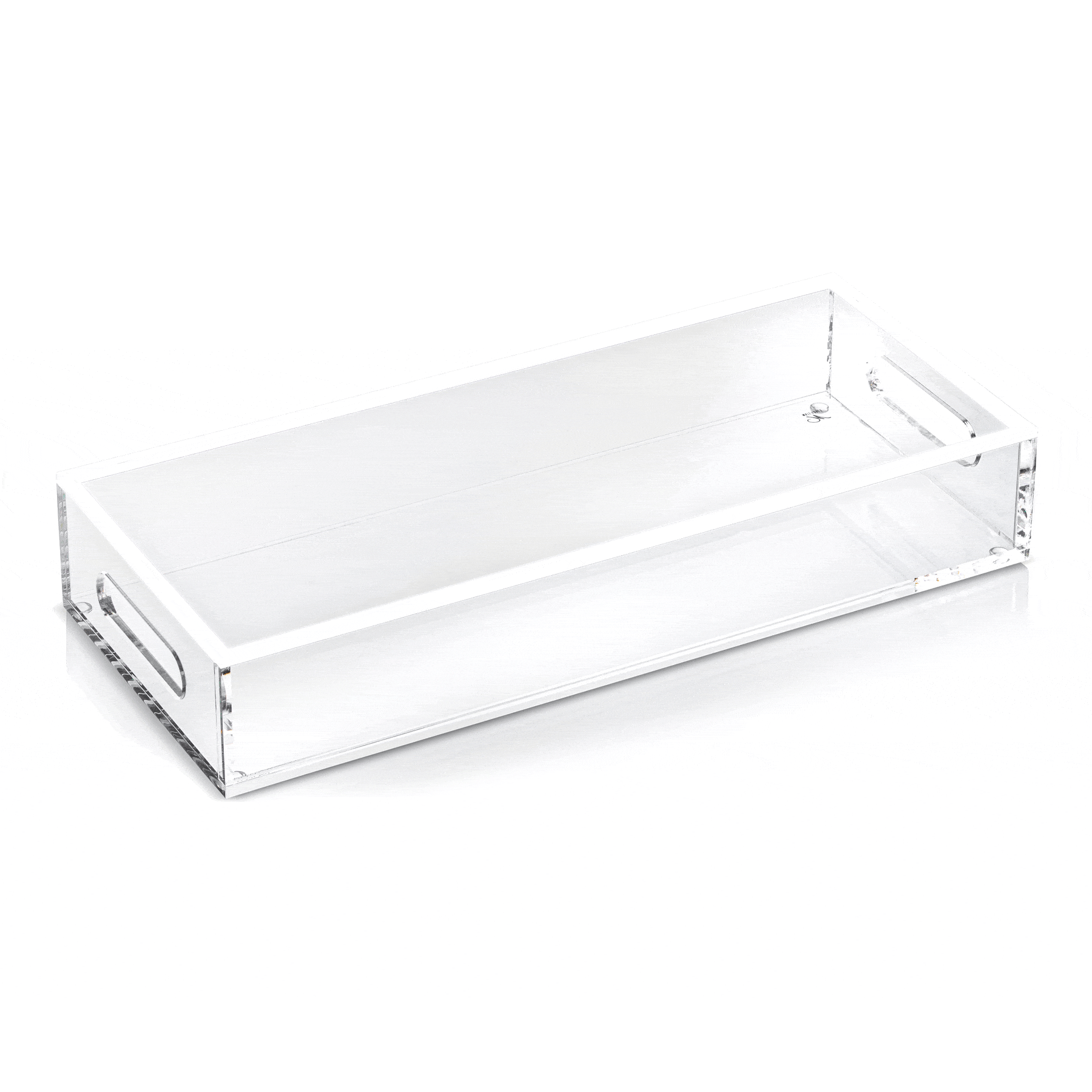 Clear acrylic Edge Bread Tray with handles by Waterdale Collection, modern rectangular serveware for Shabbat table or bathroom vanity organization.