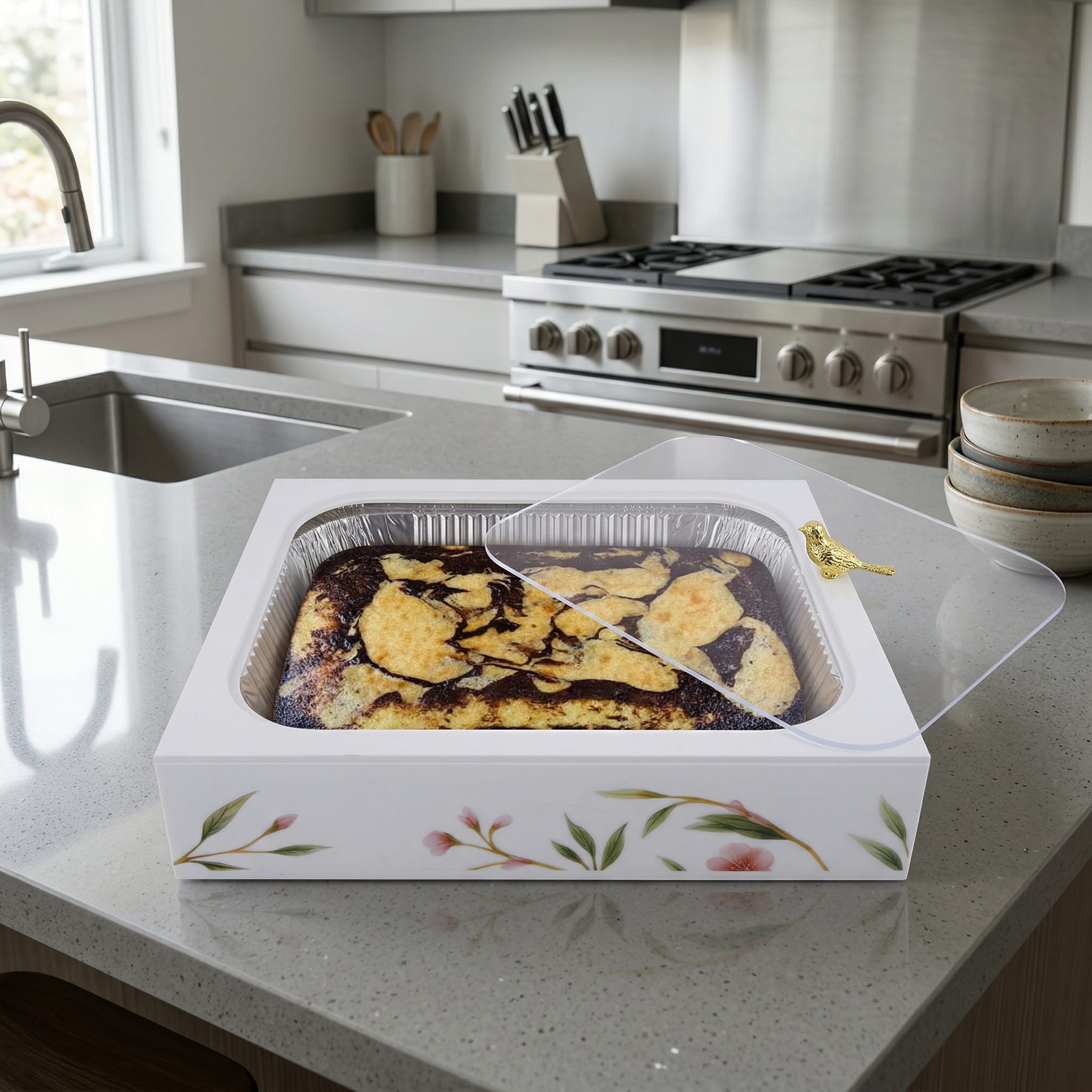 Floral Bird Pan holder on a kitchen counter - Waterdale Collection