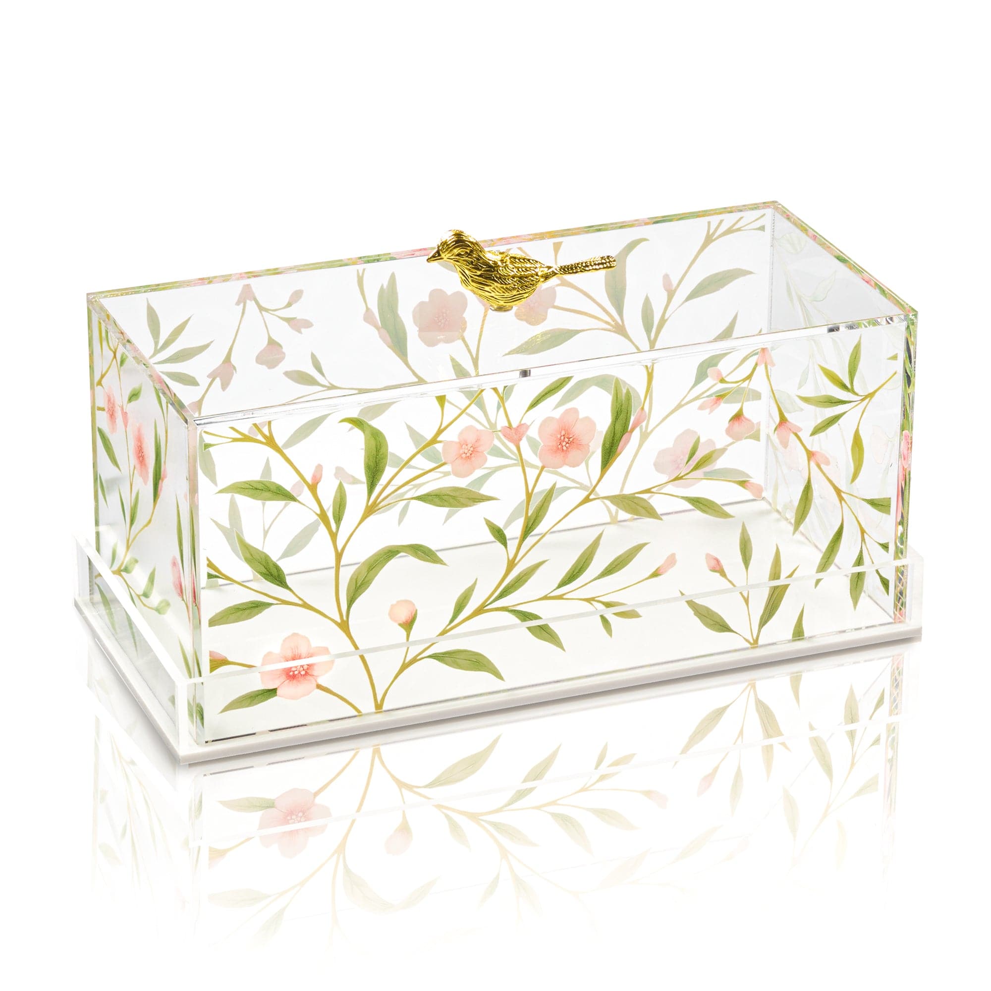 Clear lucite Floral Bird Cake Dome with gold accents and a spring botanical design on a white background — Waterdale Collection.