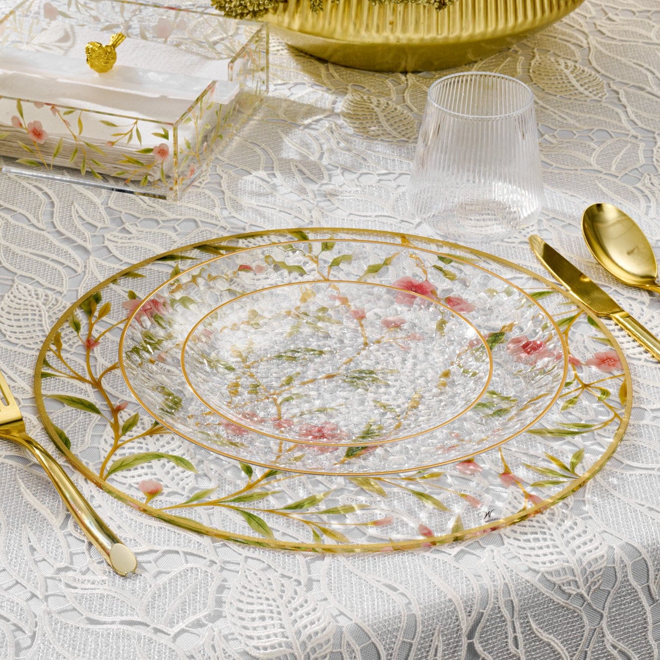 Floral Bird charger with an intricate cherry blossom design and gold-rimmed edge for elegant table settings.