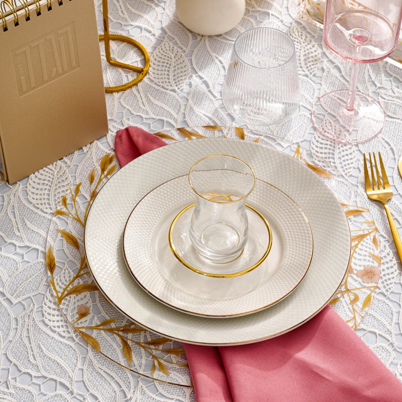 Floral Bird glass charger plate with an intricate cherry blossom design and gold-rimmed edge for elegant table settings.