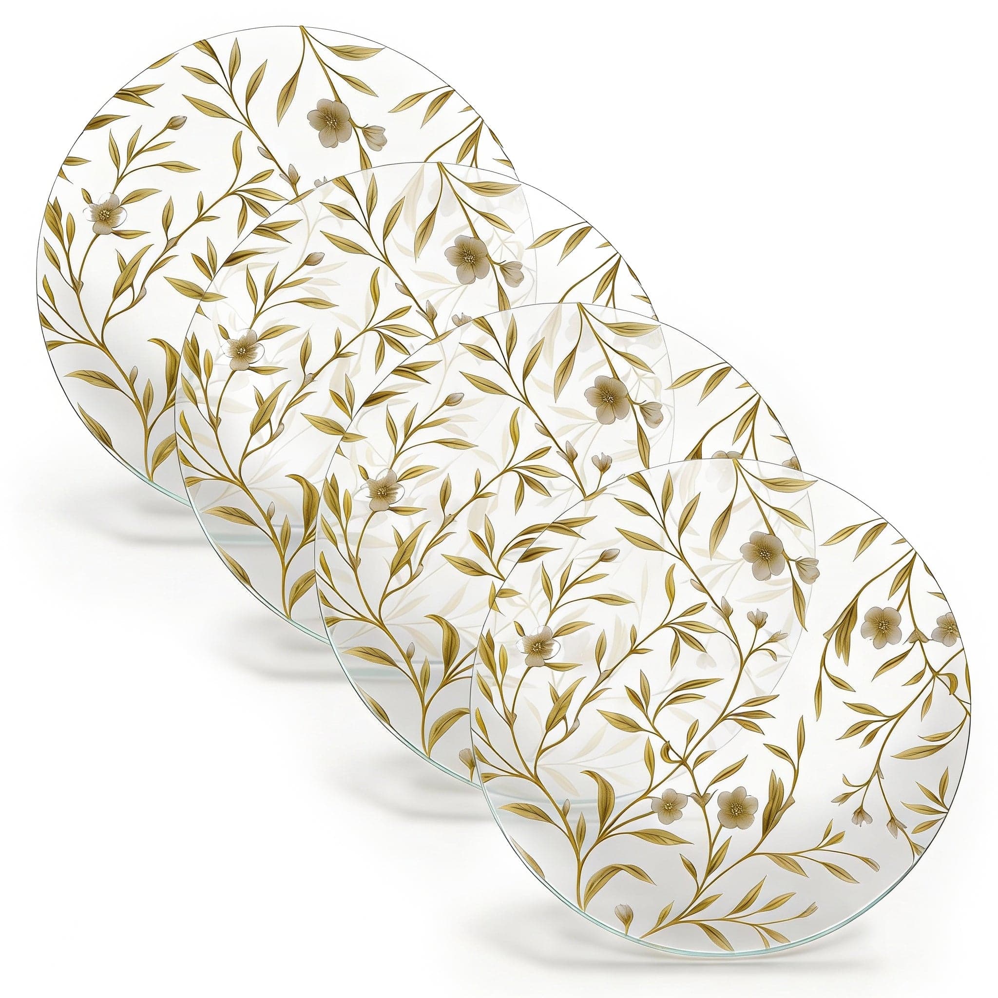 Floral Bird Chargers featuring an artistic floral vine pattern and a sophisticated gold border, modern Judaica hosting accessory.