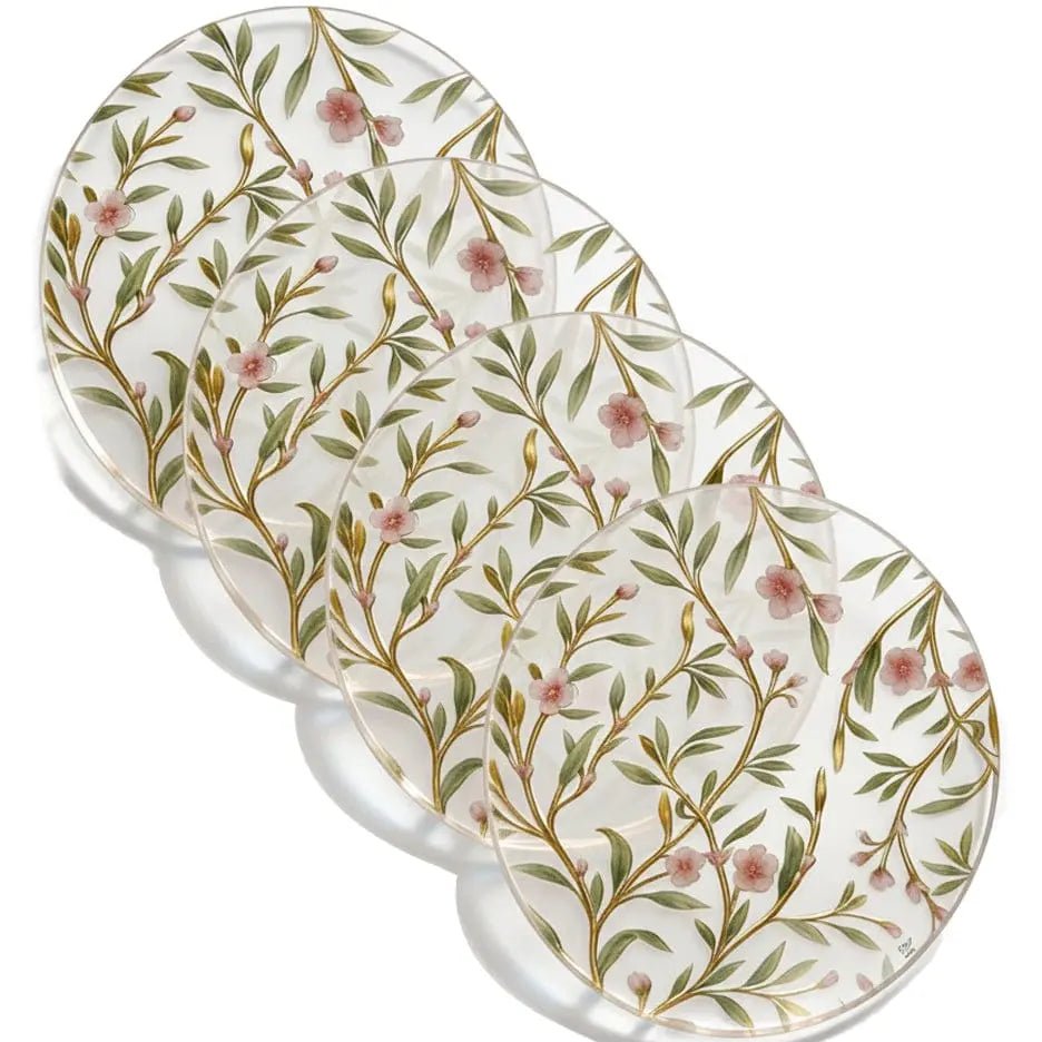 Floral Bird Chargers featuring an intricate cherry blossom design and gold-rimmed edge for elegant table settings. modern Judaica hosting accessory.