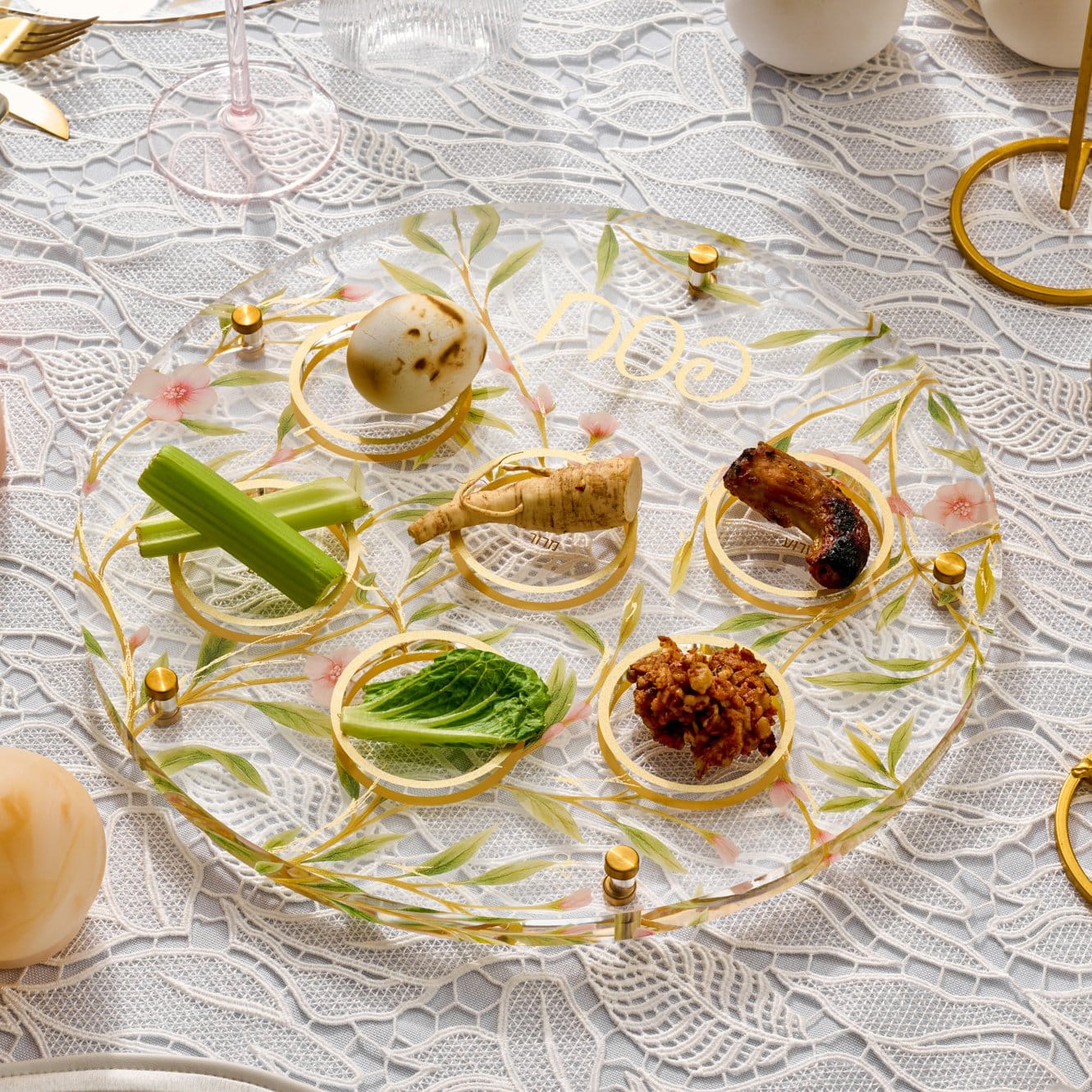 Floral Bird Seder Plate with six clear acrylic bowls, cherry blossom design, and gold-rimmed edges.