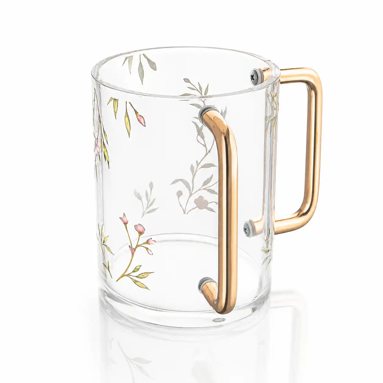 Lucite Pink Floral Bird washing cup on a white background. Lucite cup with delicate pink and green flowers with rose gold handles - Waterdale Collection
