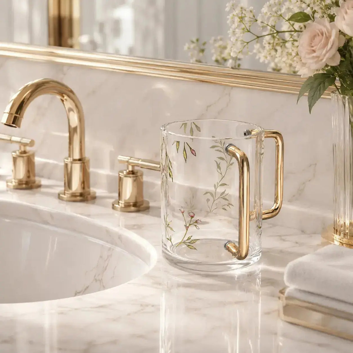 Elegant gold-toned washing cup with floral bird design displayed on a bathroom vanity next to sink and fresh flowers.