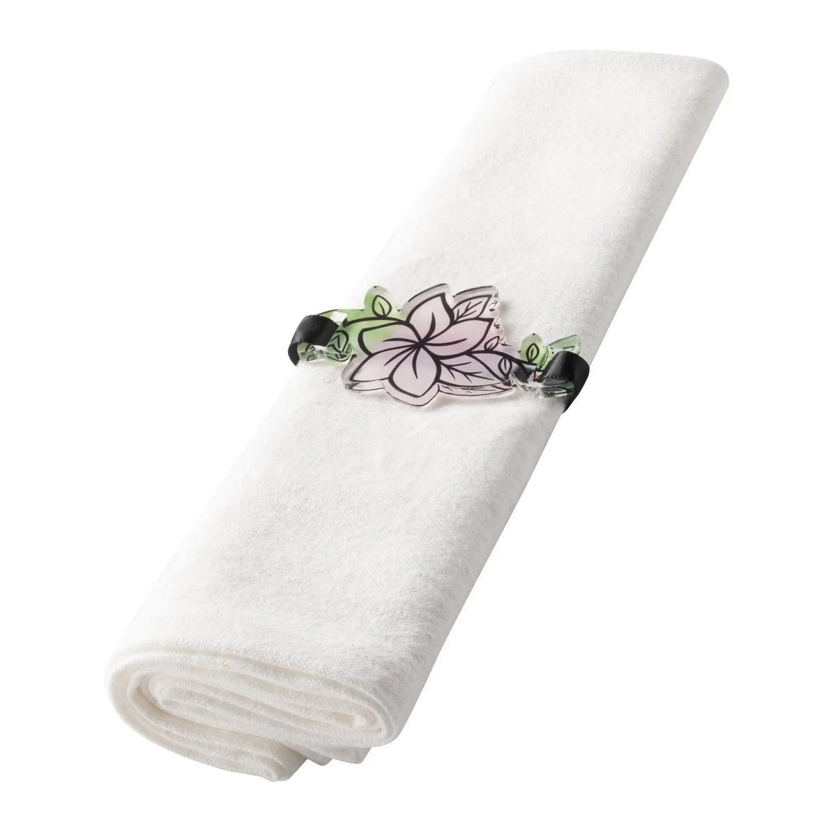 Floral napkin wrap with delicate pink flowers and dark green leaves, rolled white linen napkin, silver and dark metal accents.