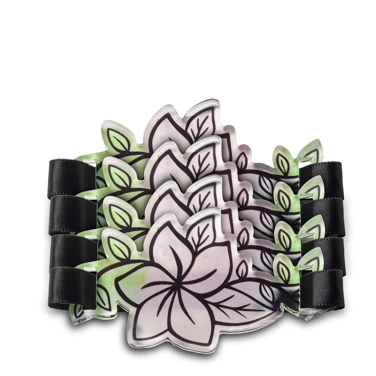 Floral napkin rings with purple flowers and green leaves, black fabric bands on white background