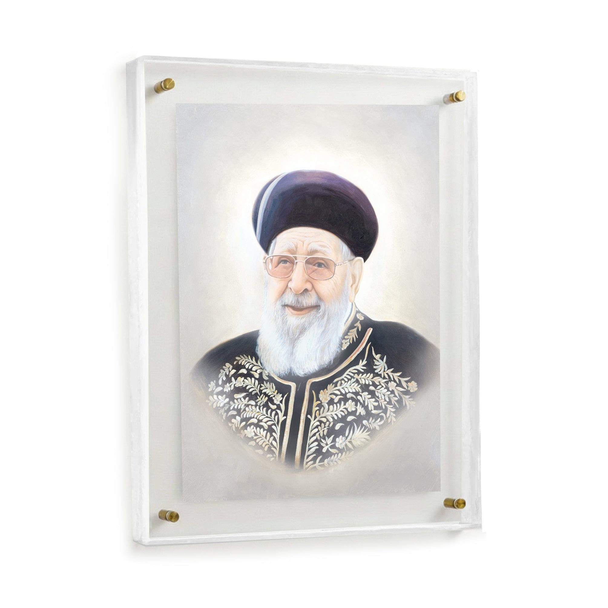 Framed Gedolim artwork featuring R’ Ovadia Yosef in a refined light-toned design with intricate detailing.