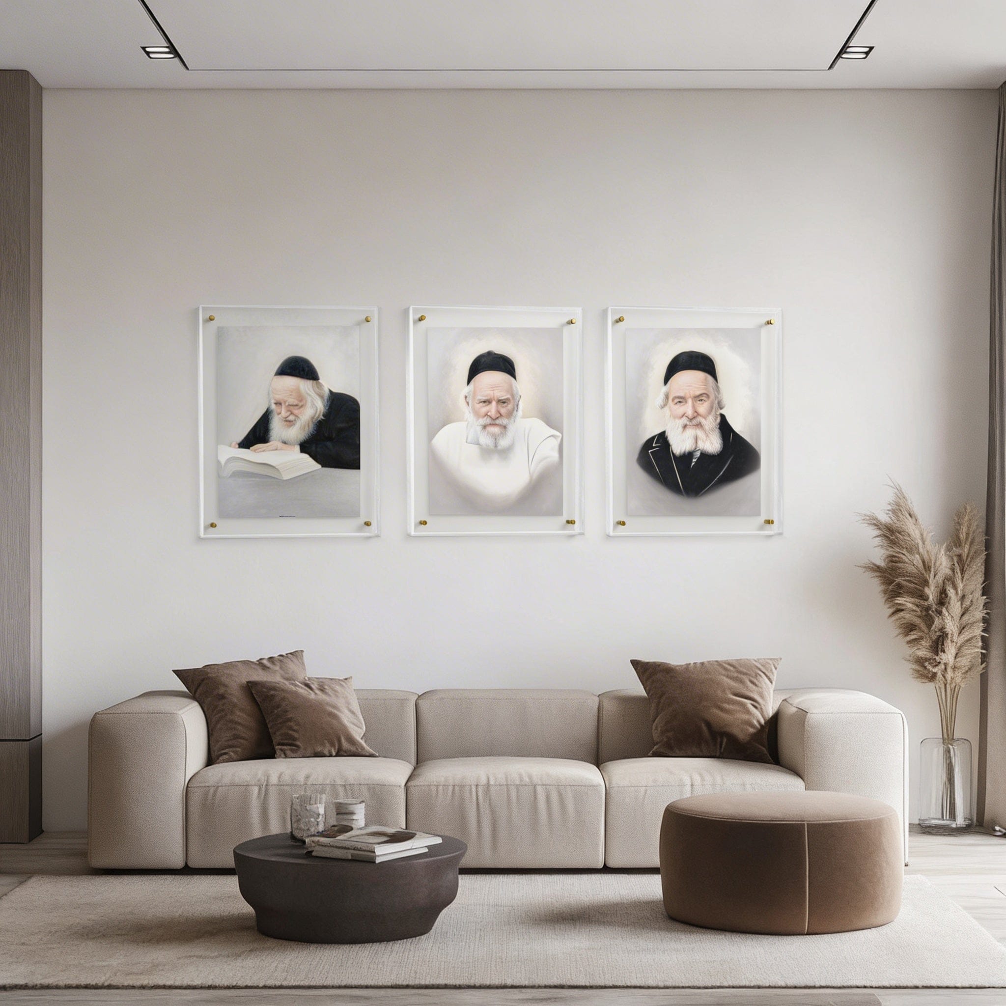 Minimalist Rav Chaim Kanievsky wall art, elegant light-toned portrait for a modern, high-end interior.