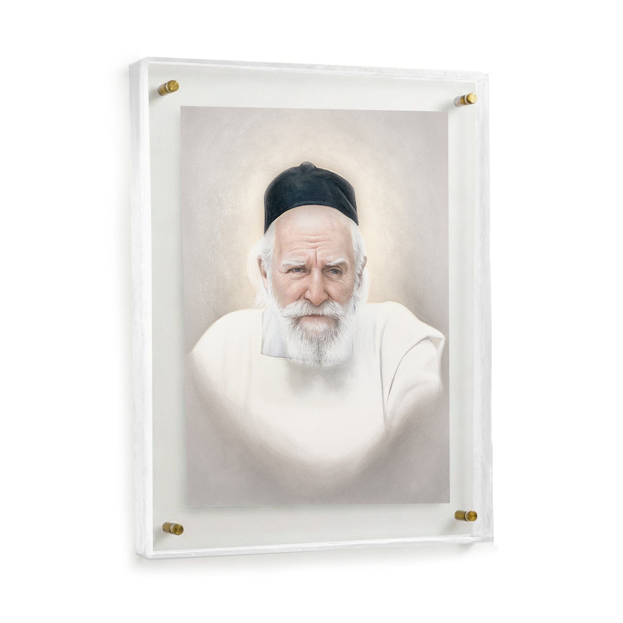 Framed Gedolim artwork featuring Rav Moshe Feinstein in a soft light-toned design.