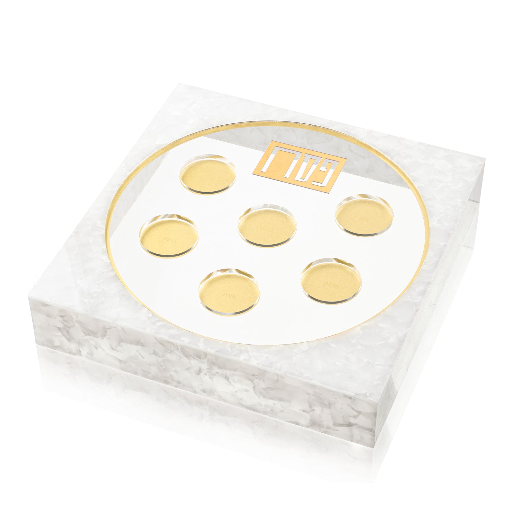 Modern frame Seder Plate with a clear lucite base and 6 glass bowls, featuring a luxury gallery-style frame for an elegant Passover (Pesach) table setting.