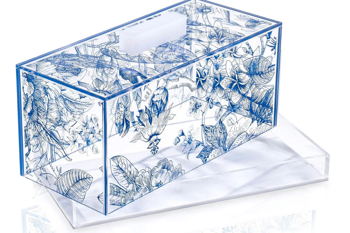 French toile cake dome with blue and white painted design, clear acrylic base, elegant serveware for entertaining and gifting.