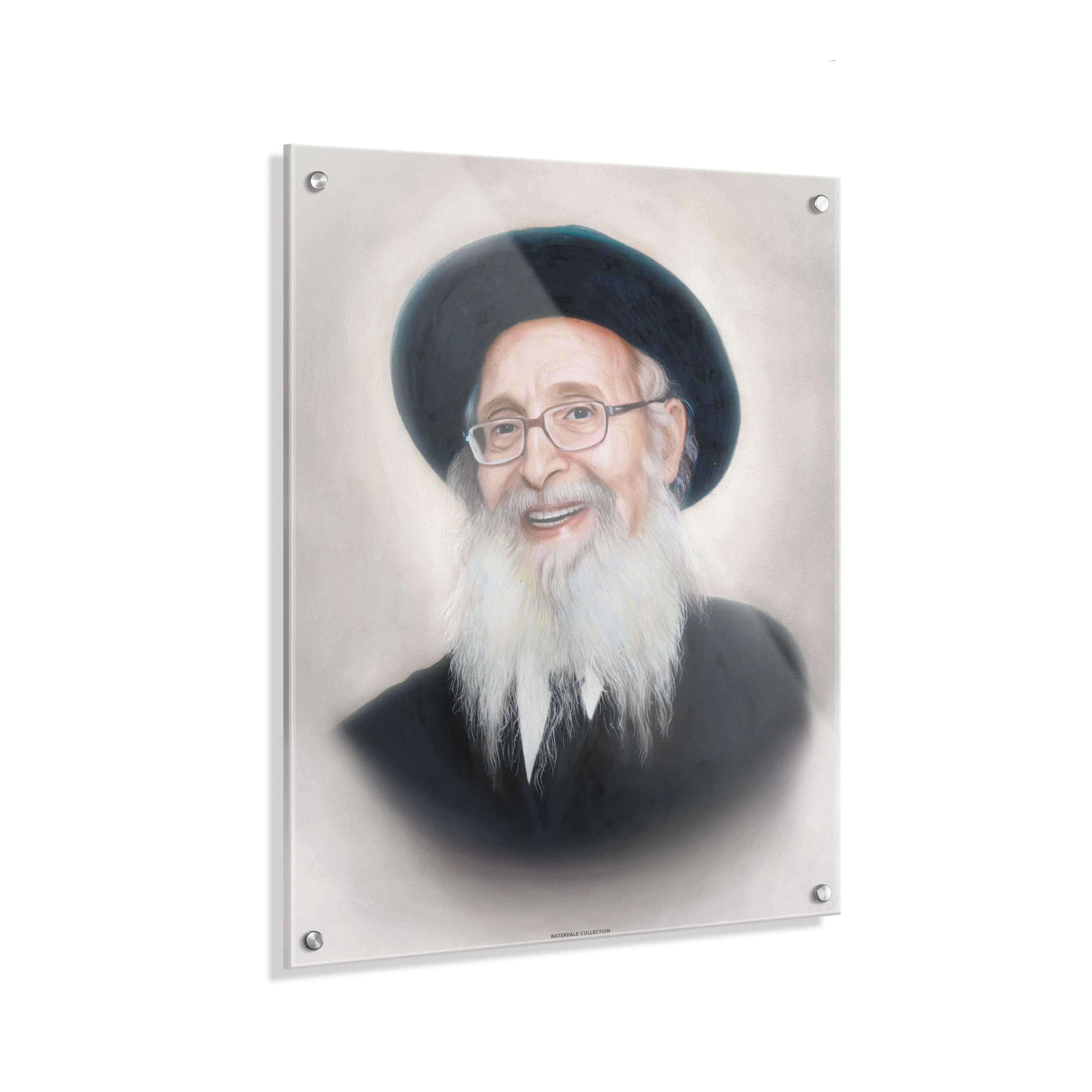 Modern Gedolim art portrait of Rabbi Nosson Tzvi Finkel on clear lucite, featuring a high-contrast "Light" aesthetic for a sophisticated Jewish study or home library. | Waterdale Collection