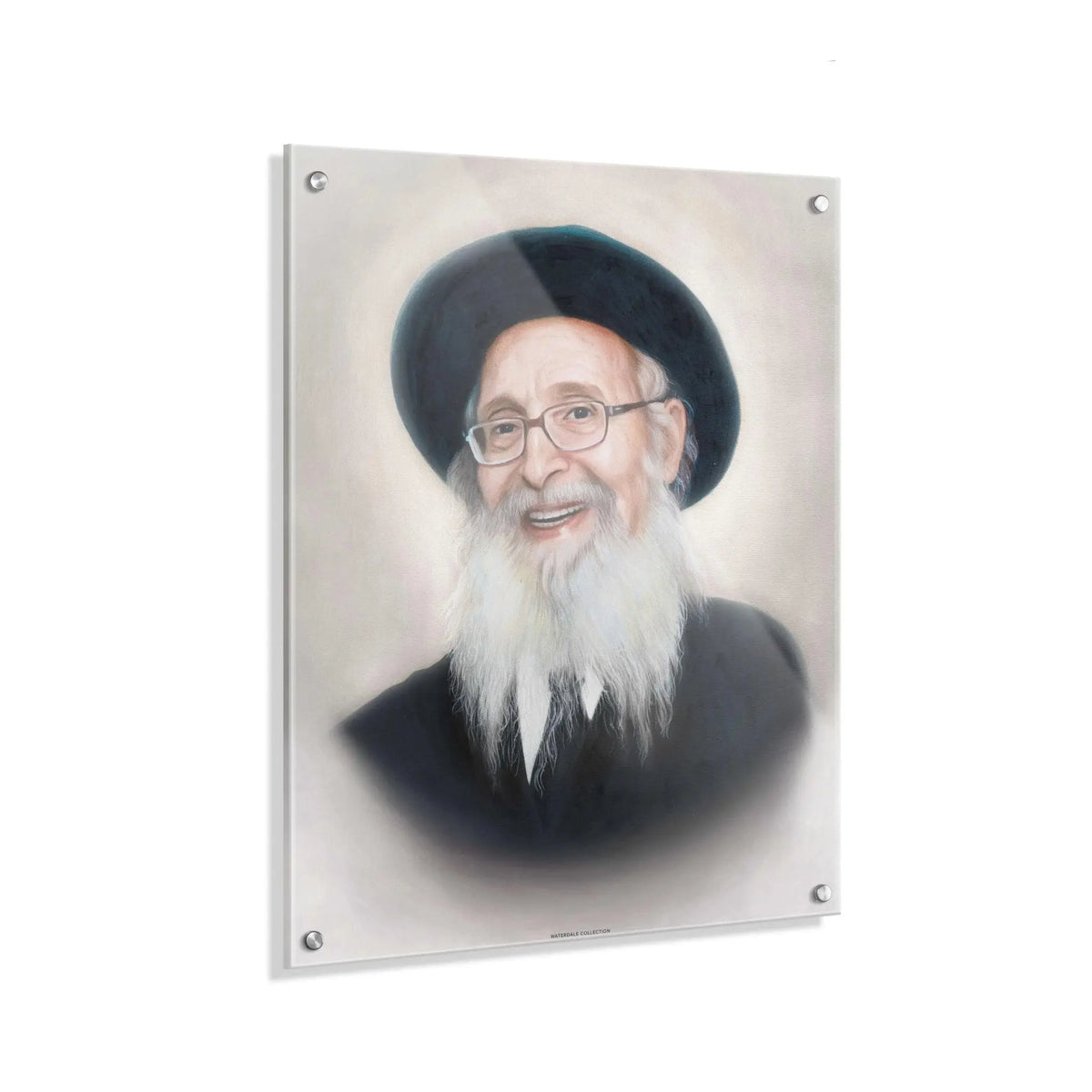 Gedolim Art portrait of R' Nosson Tzvi Finkel printed on acrylic panel, 16x20 wall art with soft lighting effect and white matting.