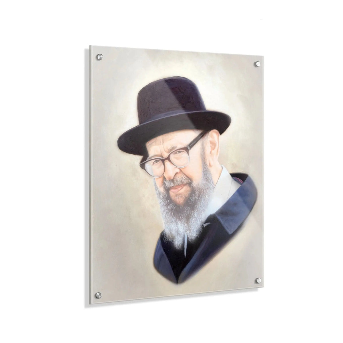 Rav Avigdor Miller portrait wall art featuring illustrated figure in bowler hat and blue shirt on light background, 16x20 canvas print