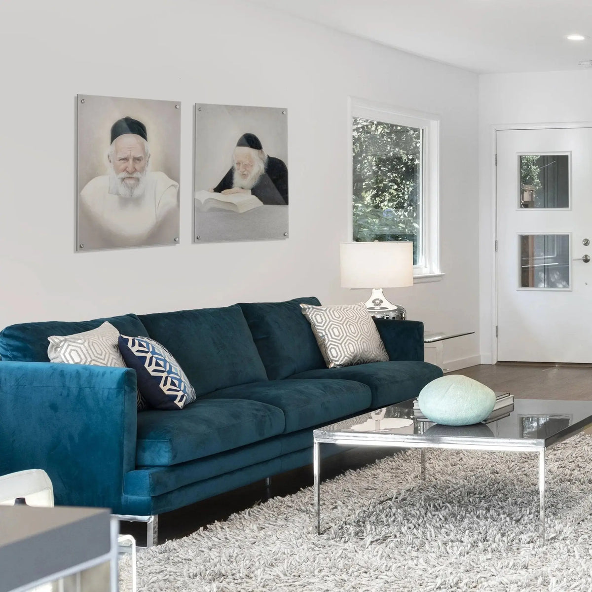 Gedolim Art Rav Ovadia Yosef portrait in light tones, 16x20 wall art print displayed above blue sofa in modern living room
