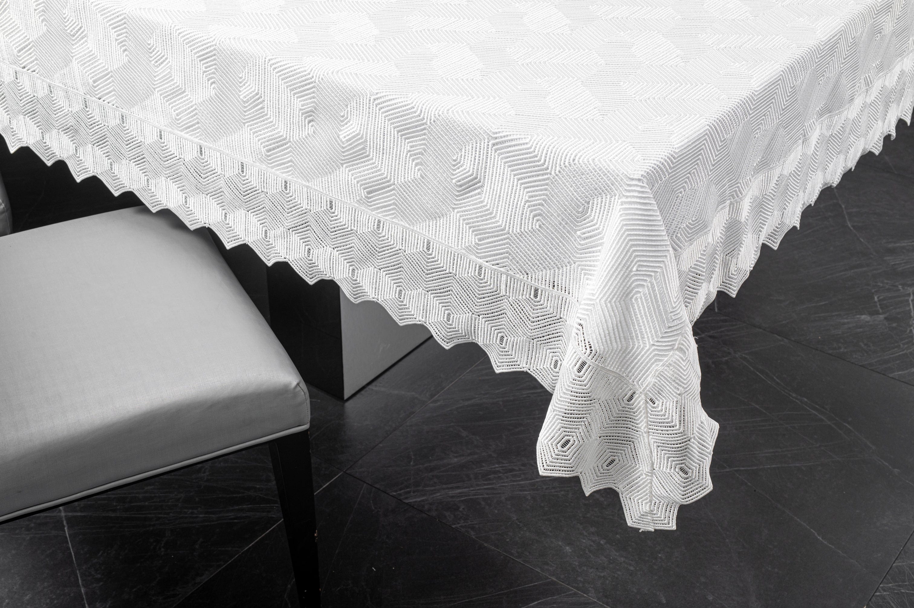 Geometric Tablecloth draped over a dining table