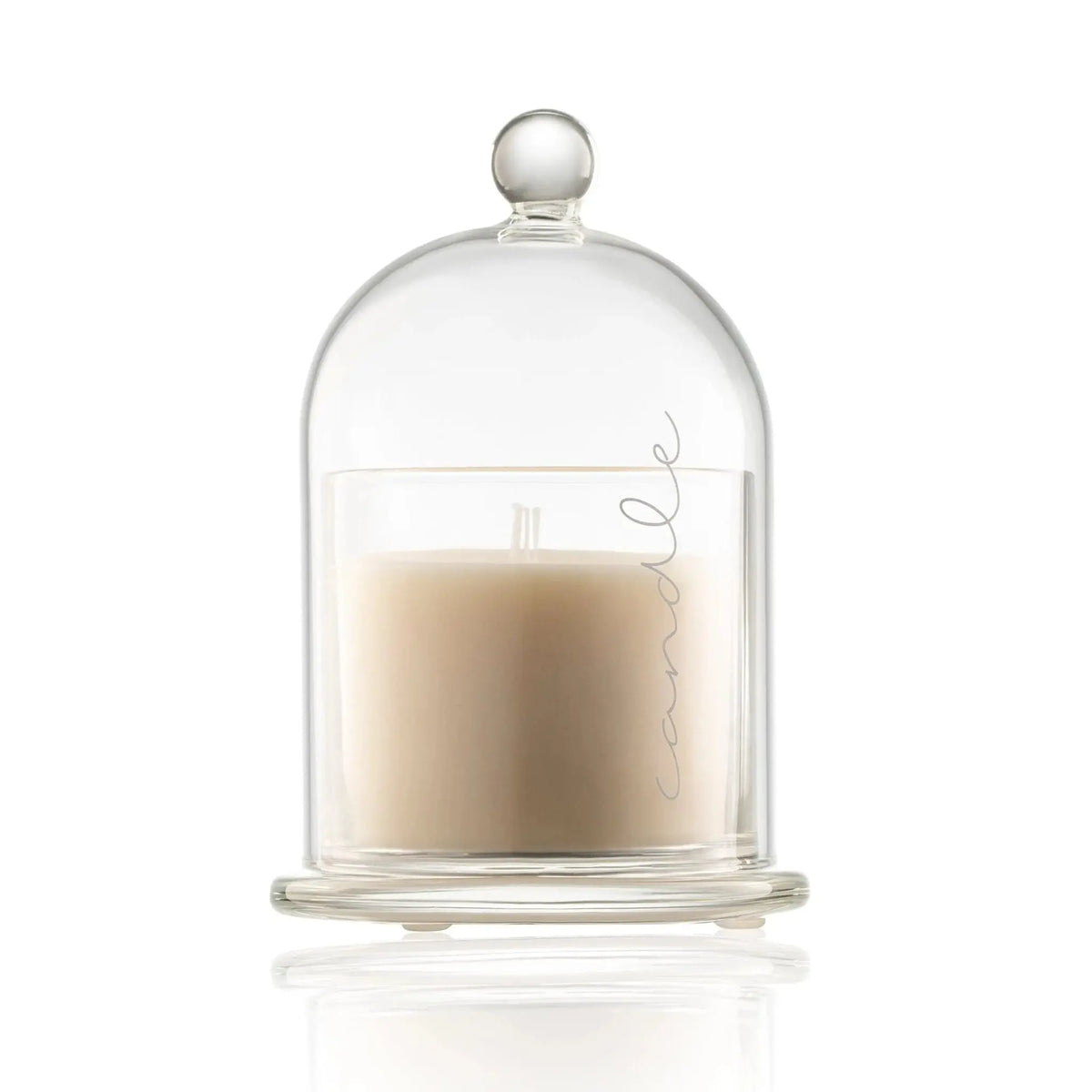 Glass Cloche Havdalah Candle with cream-colored wax inside clear glass dome, featuring cursive branding on the vessel and spherical finial top.