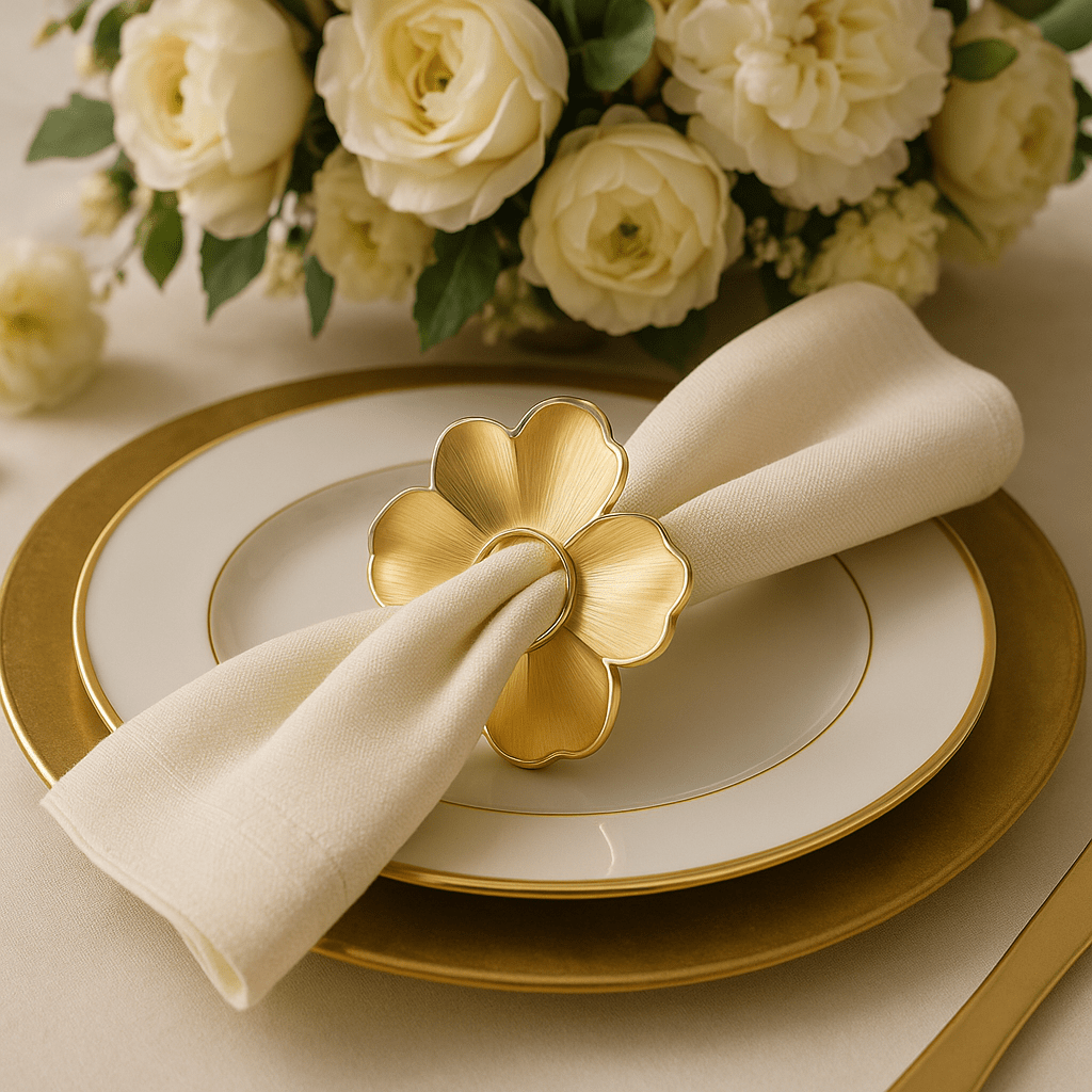 Gold Flower Napkin Rings wrapped around a cream napkin on white and gold-rimmed dinnerware, accented by a bouquet of ivory roses.