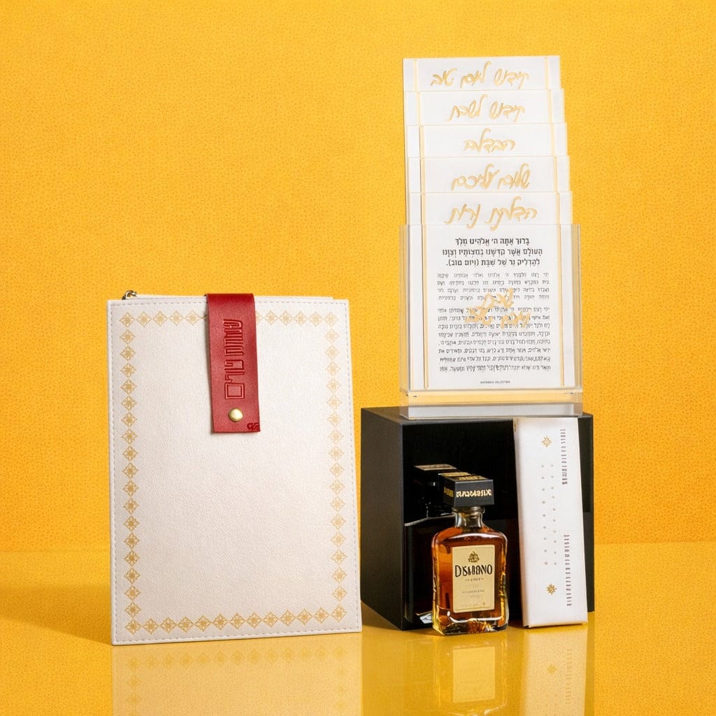 Luxury gold-tone Shabbat card set featuring Zemiros, Havdalah, and Candle Lighting prayers in a modern lucite holder for elegant Shabbos table decor.