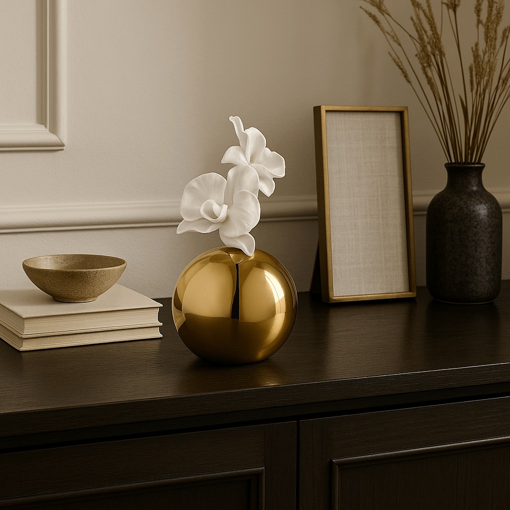 Golden Bloom Globe Diffuser displayed on a dark wood console table alongside neutral-toned decor and minimalist accents.