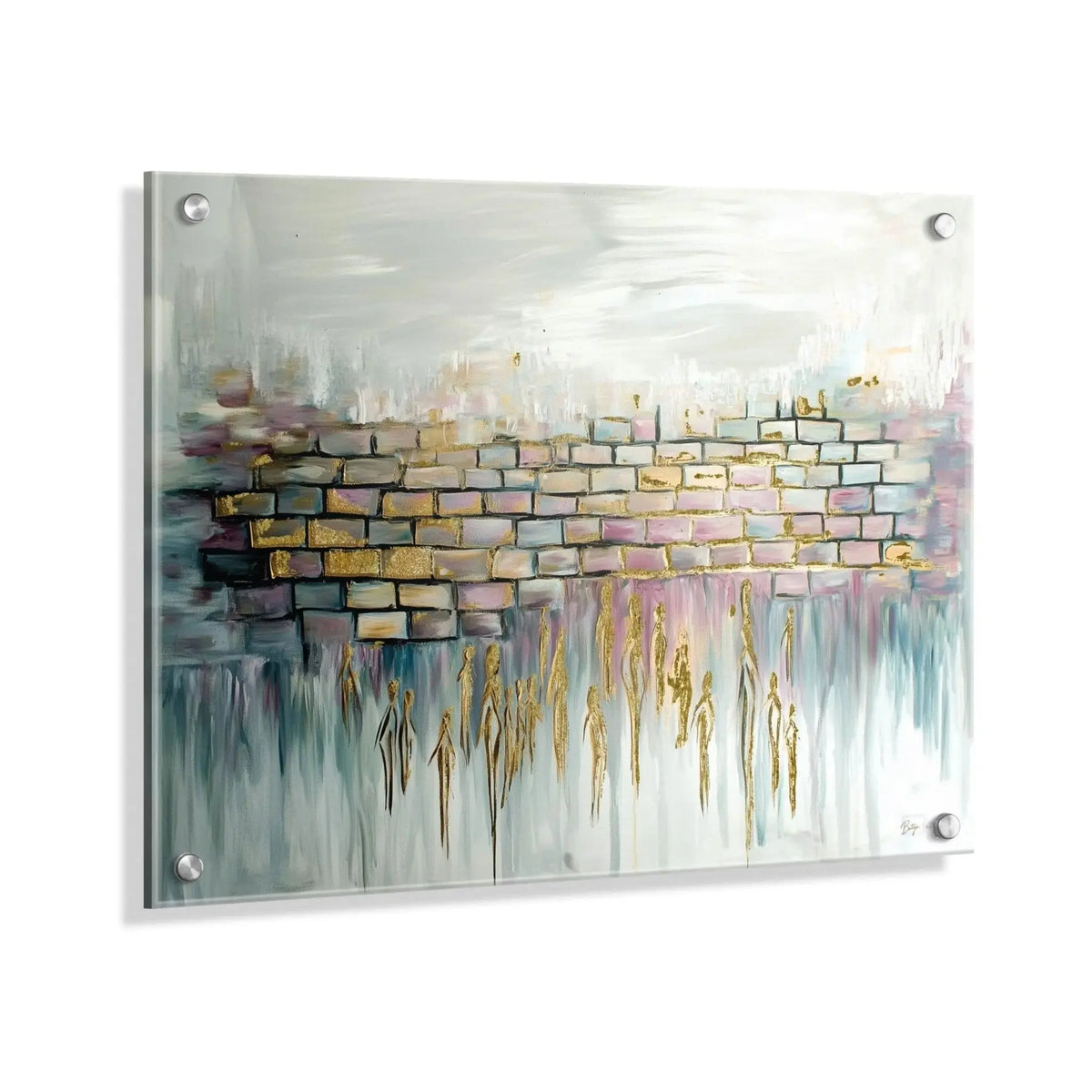 Harmony at the Western Wall painting featuring watercolor Jerusalem art with layered brick textures in warm gold and cool blue tones on acrylic canvas.